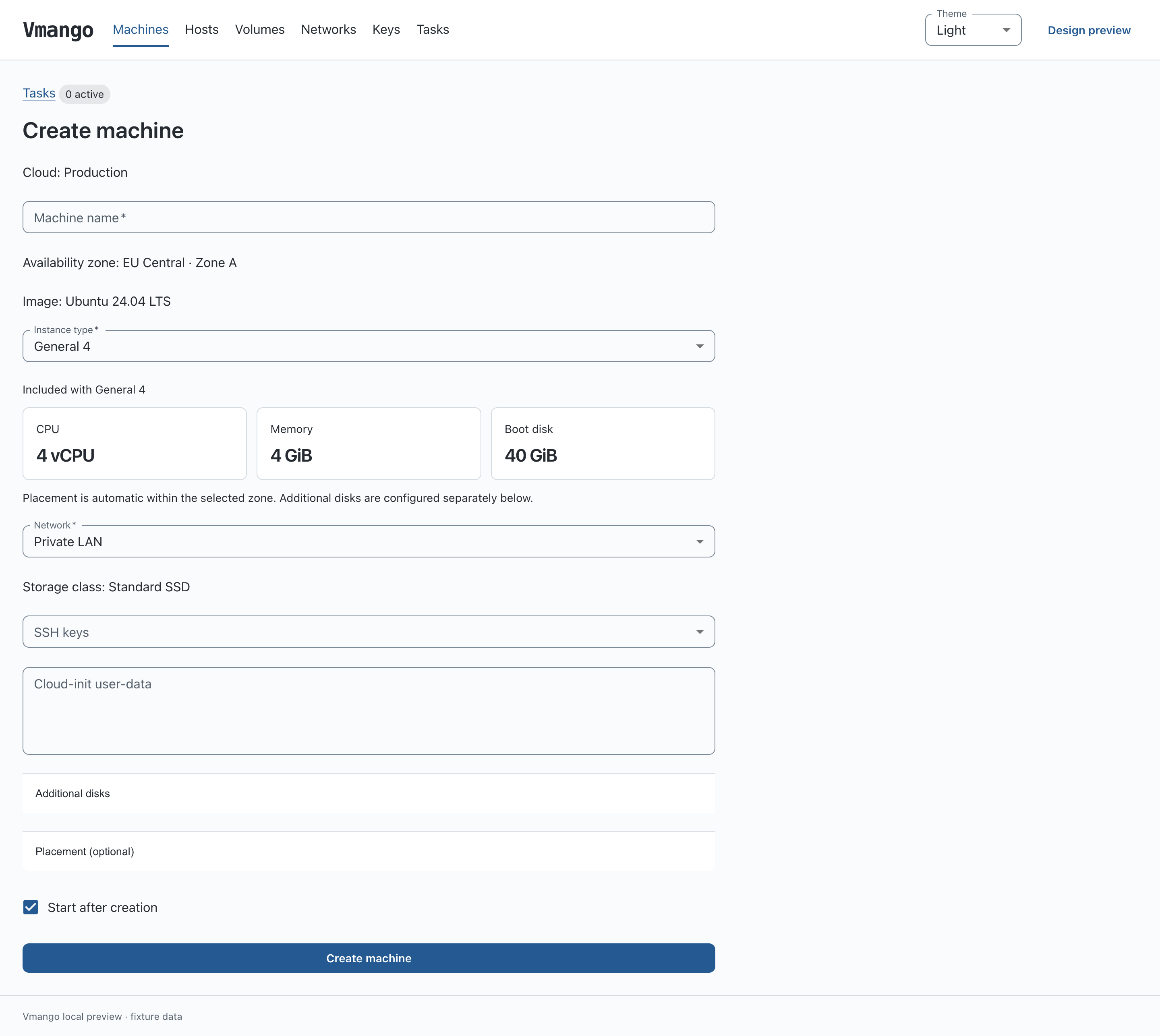 Vmango creation form with an instance type providing 4 vCPUs, 4 GiB of memory and a 40 GiB boot disk, plus network, SSH key and cloud-init settings.